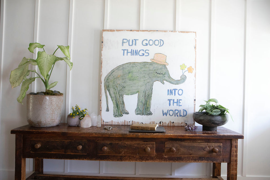 Good Things Elephant  Art Print - Grey Wood