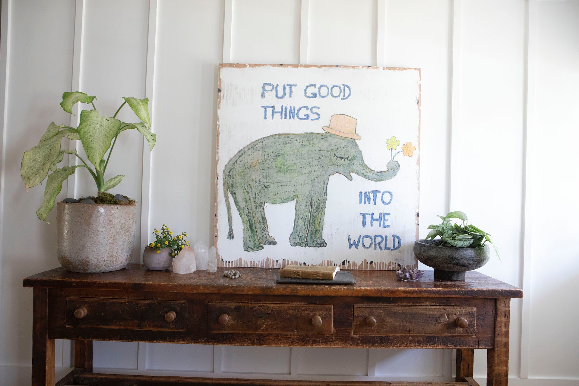 Good Things Elephant  Art Print - Grey Wood