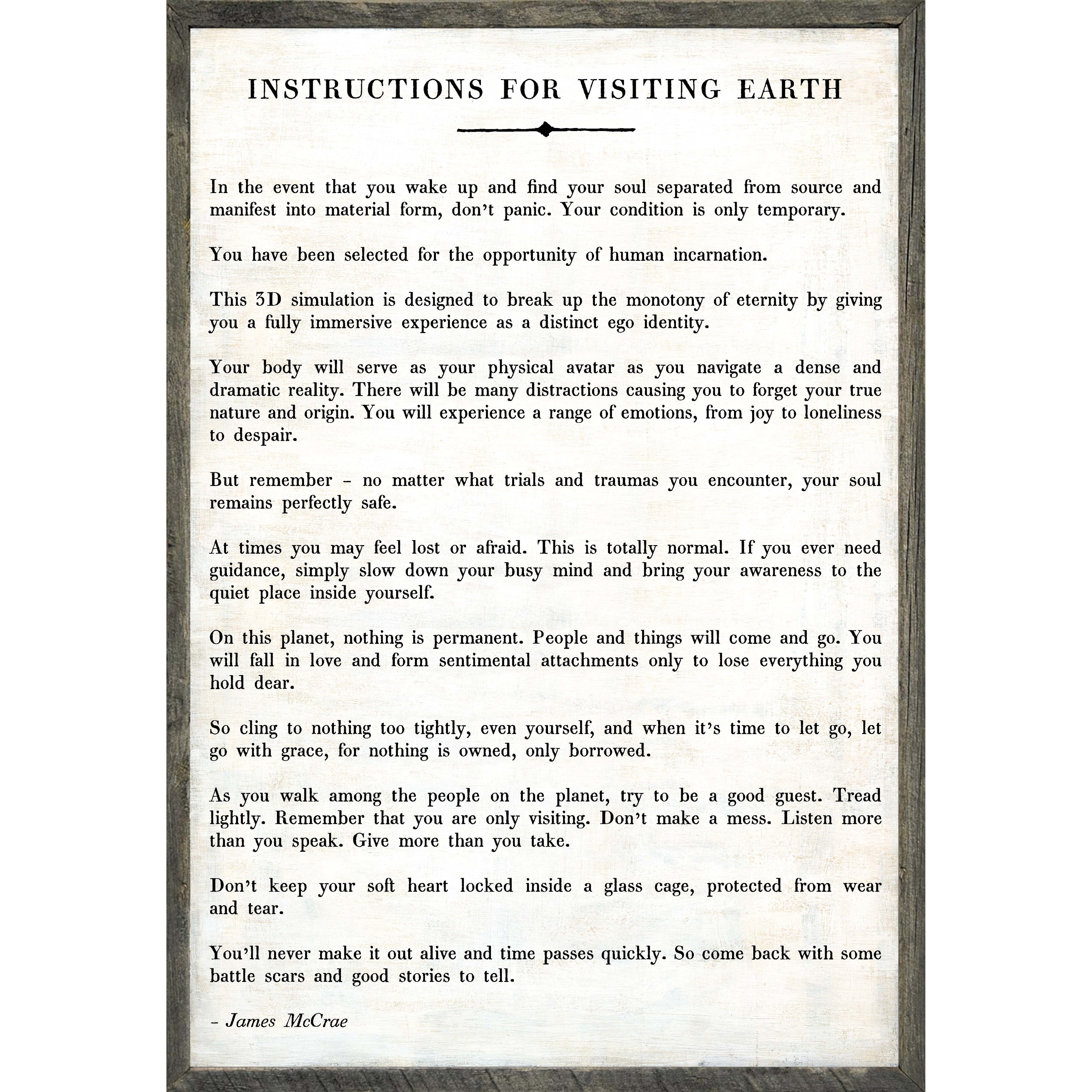 Instructions Before Visiting Earth Art Print (Grey Wood)