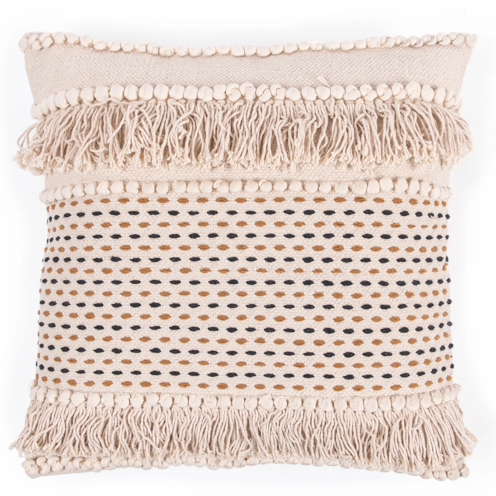 ***Cream Woven Pillow with Fringe and Black/Brown Stitching - 24"x24"