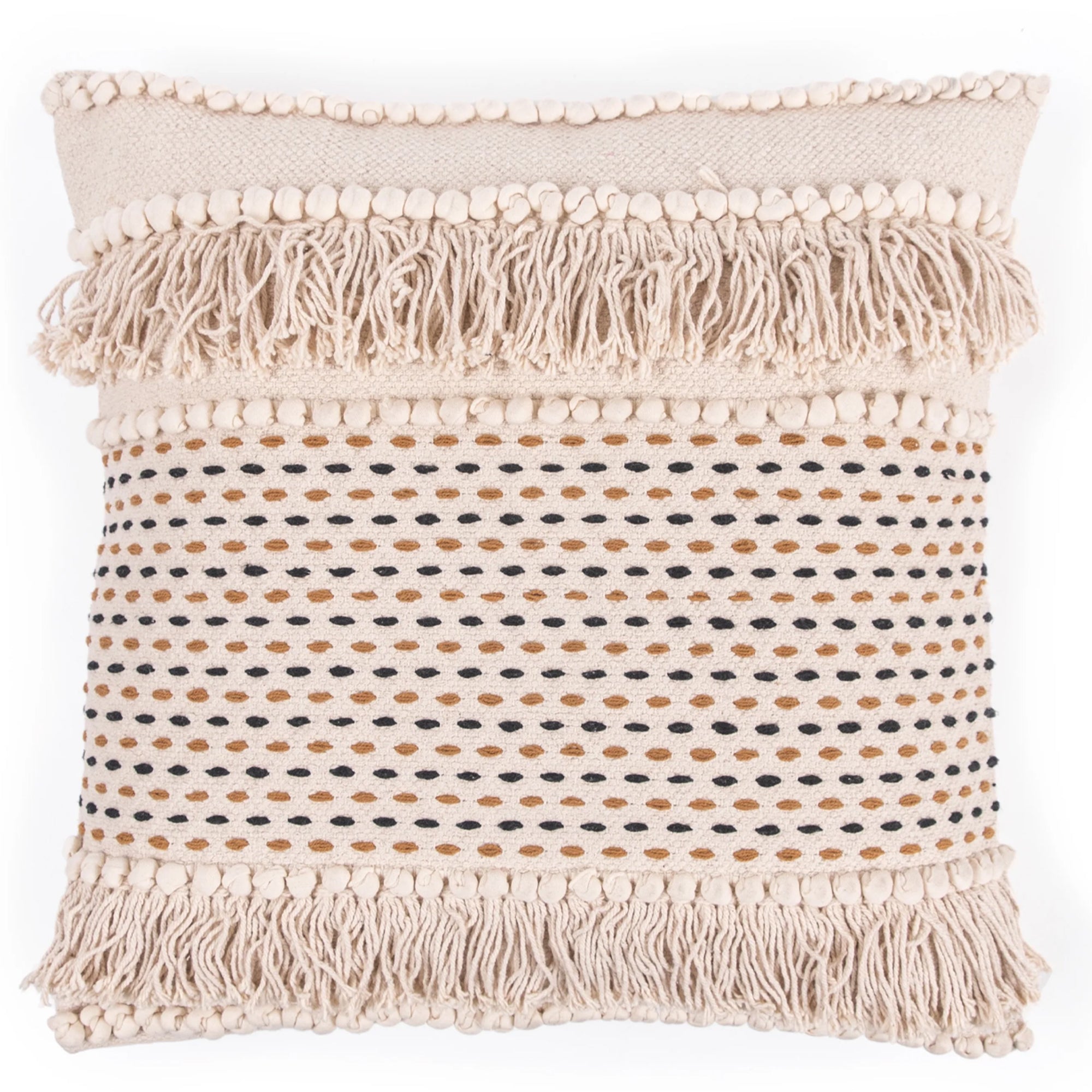 ***Cream Woven Pillow with Fringe and Black/Brown Stitching - 24"x24"