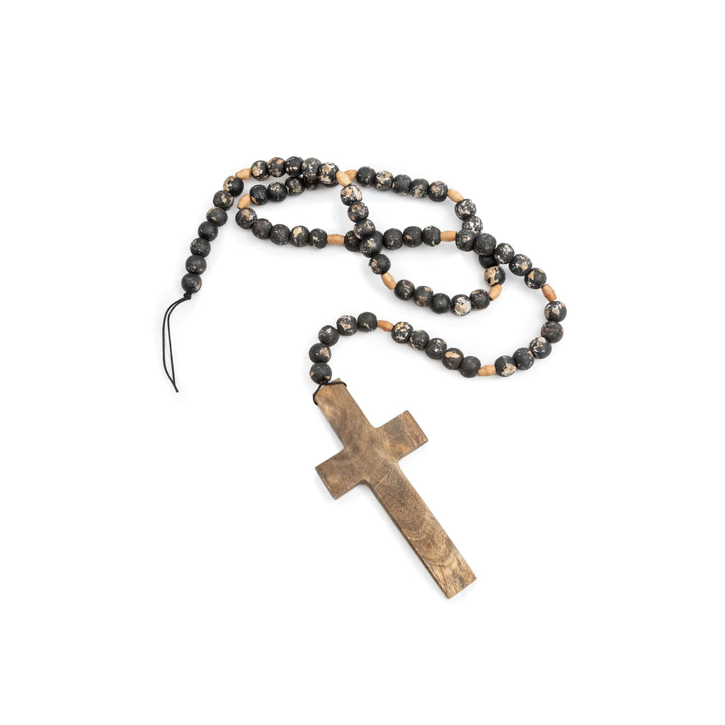 ***Cross on Antiqued Black Wood Bead Strand