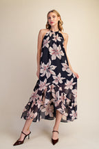 Floral Halter High Low Sleeveless Midi Dress