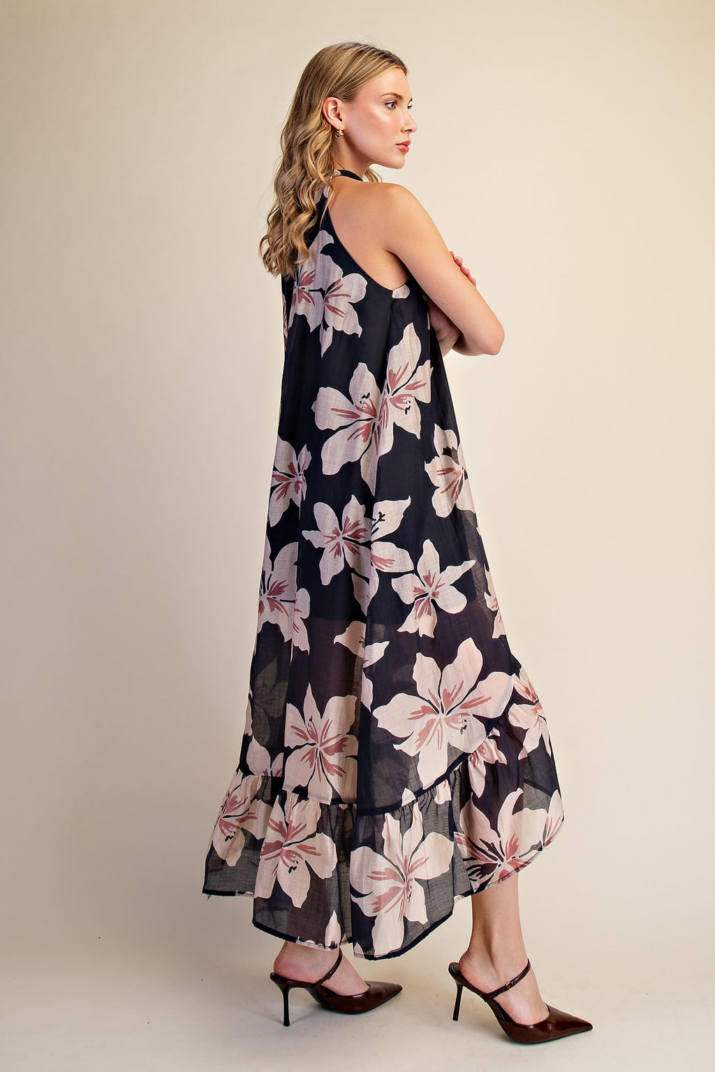 Floral Halter High Low Sleeveless Midi Dress