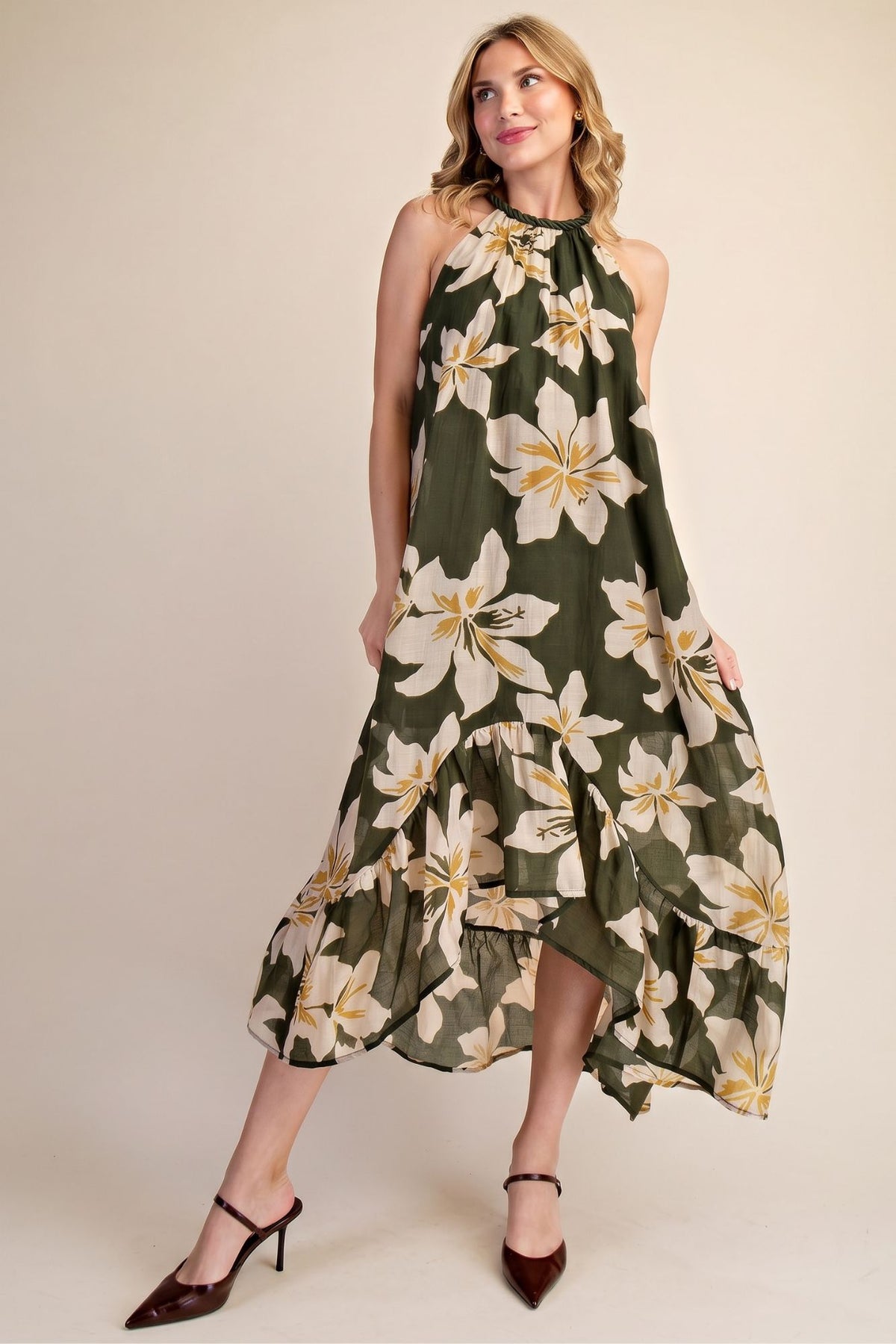 Floral Halter High Low Sleeveless Midi Dress
