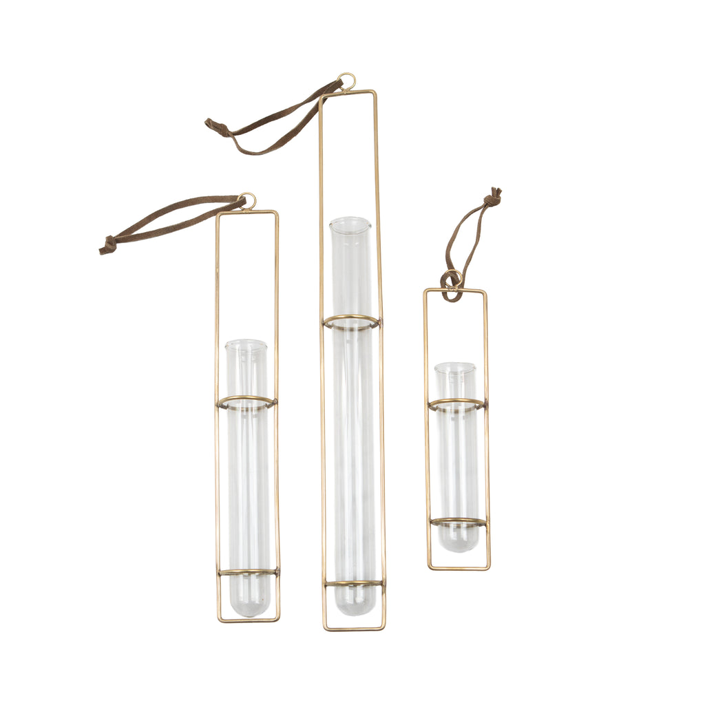 Hanging Glass Tube Vase- Brass