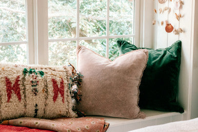 ***Elephant Velvet Pillow With Poms - 22" x 22"