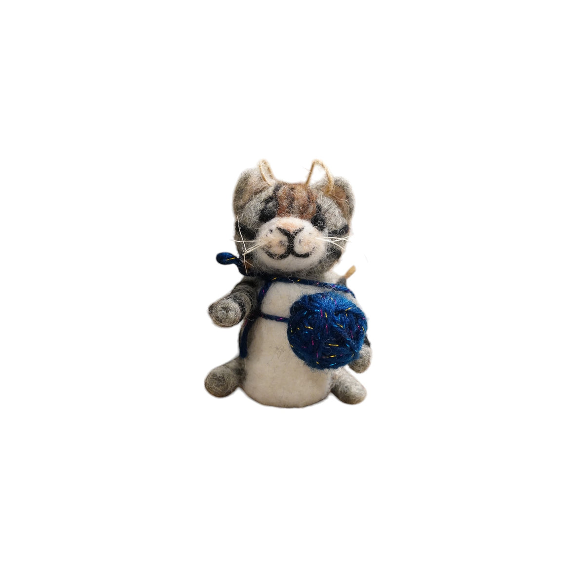 Grey & White Naughty Kitten with Blue Yarn Ornaments