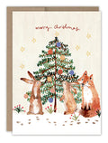 Bunnies & Fox Christmas Tree Holiday Card