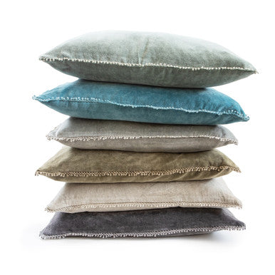 Indigo Velvet Pillow With Poms - 22" x 22"
