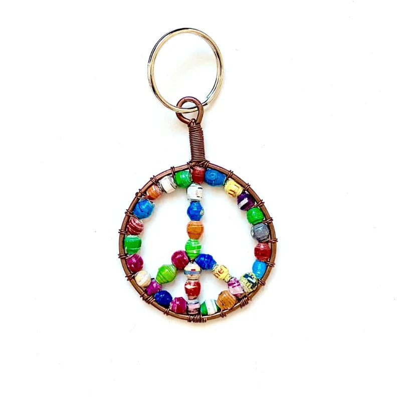 Peace Sign Paper Bead Keychain Multicolor