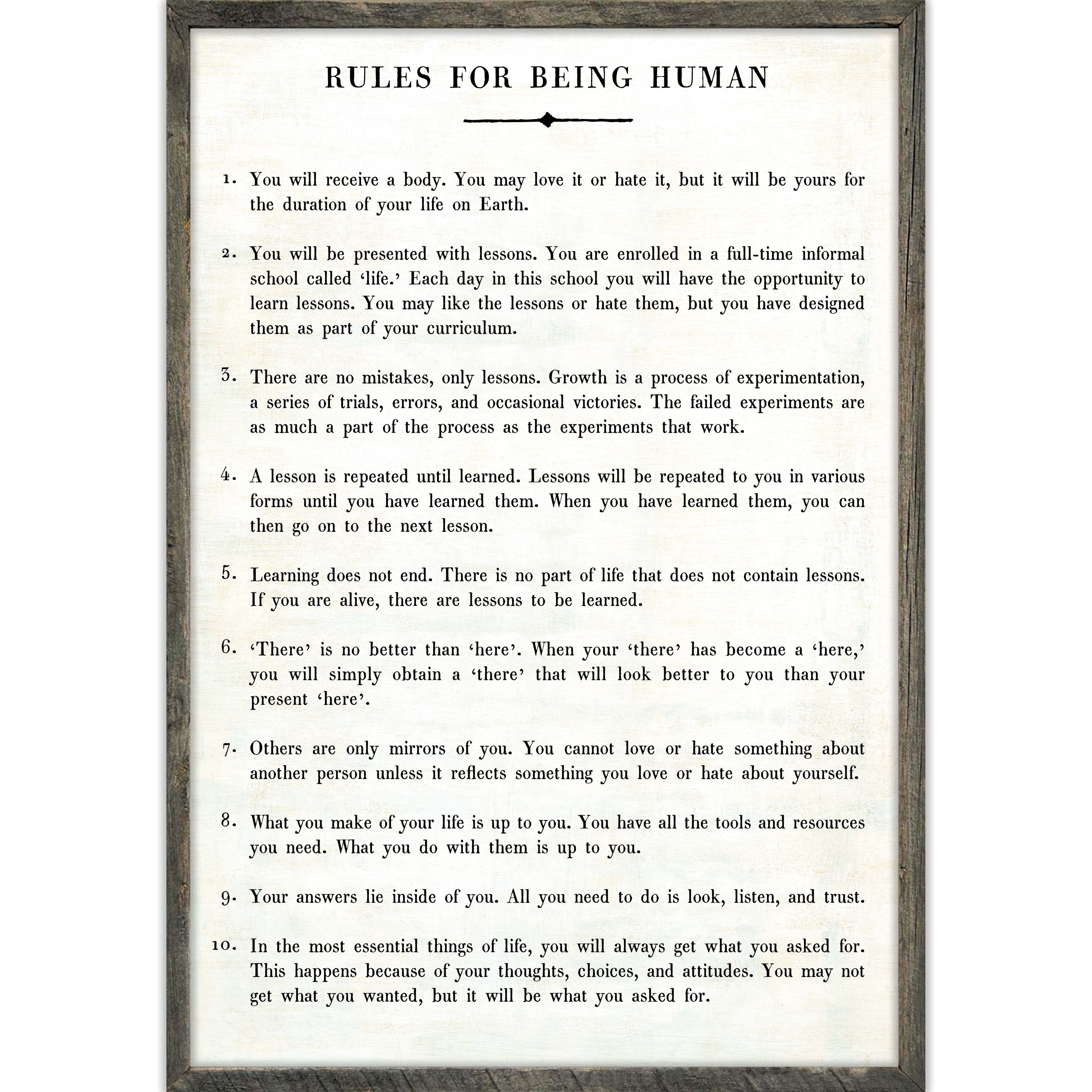 Rules For Being Human Art Print - Grey Wood