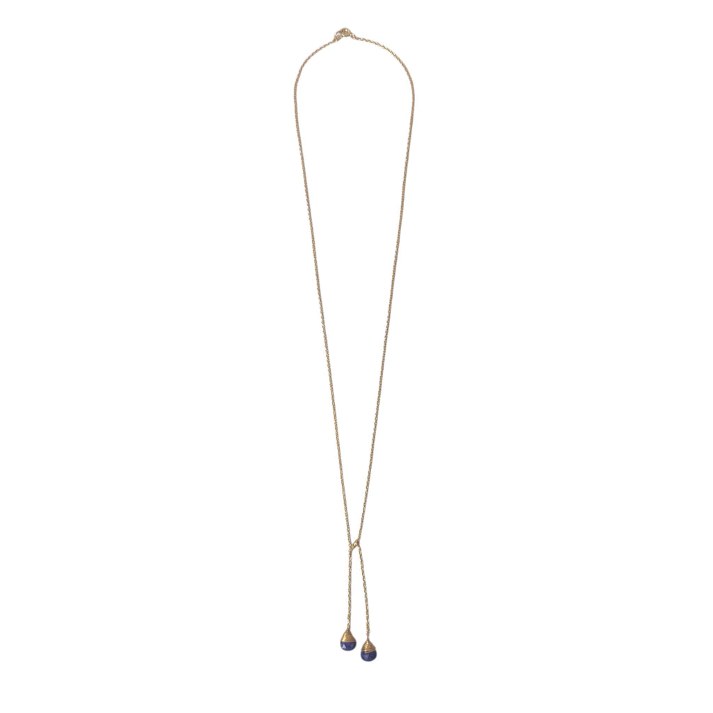 ***Double-Drop Y Necklace with Lapis - 22K Gold Plating