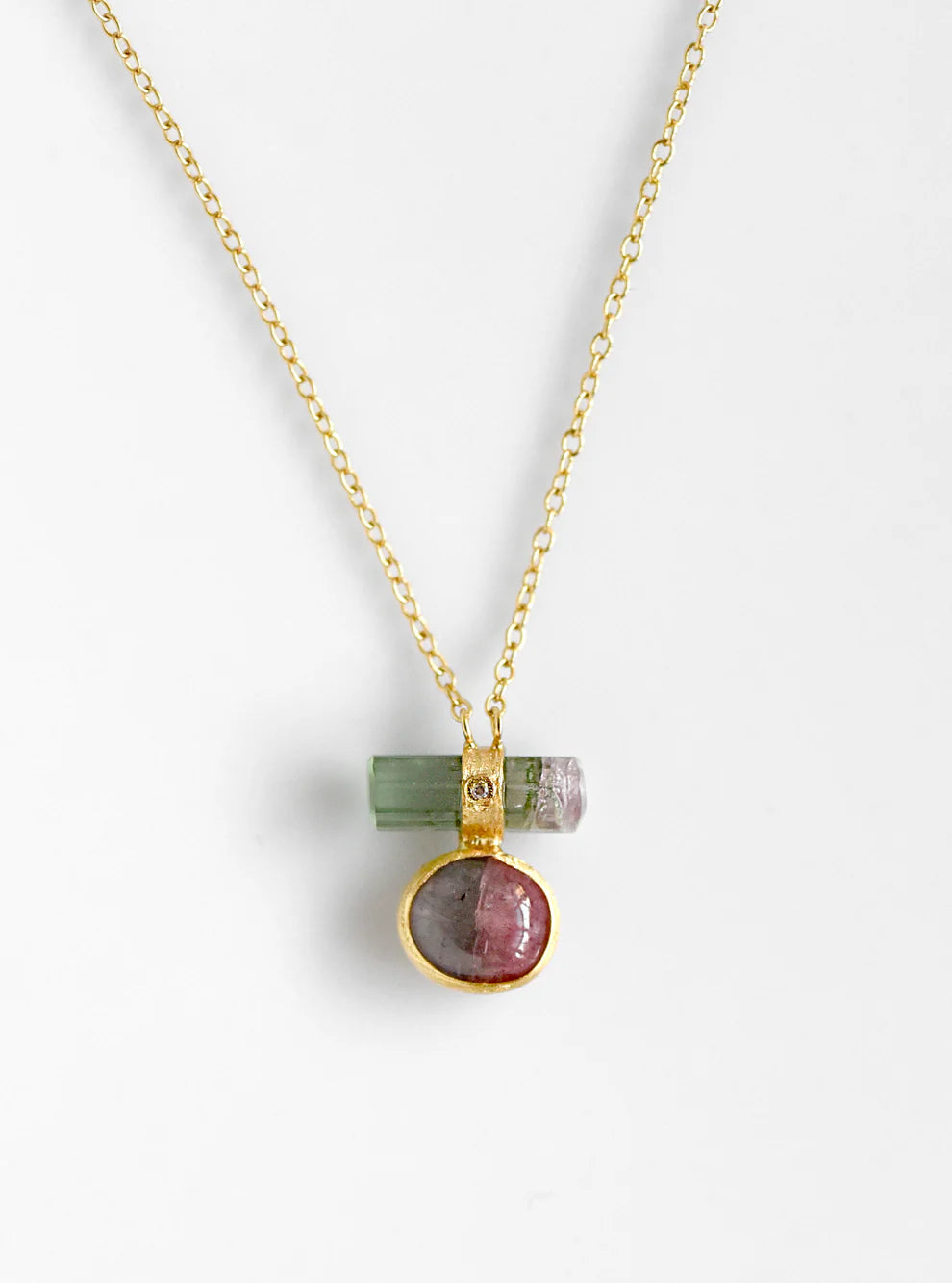 Double Tourmaline Horizontal Bar with Diamond Necklace