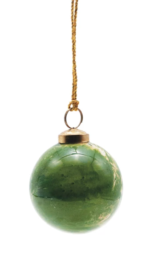 Round Glass Ball Ornament, Marbled Green & Gold