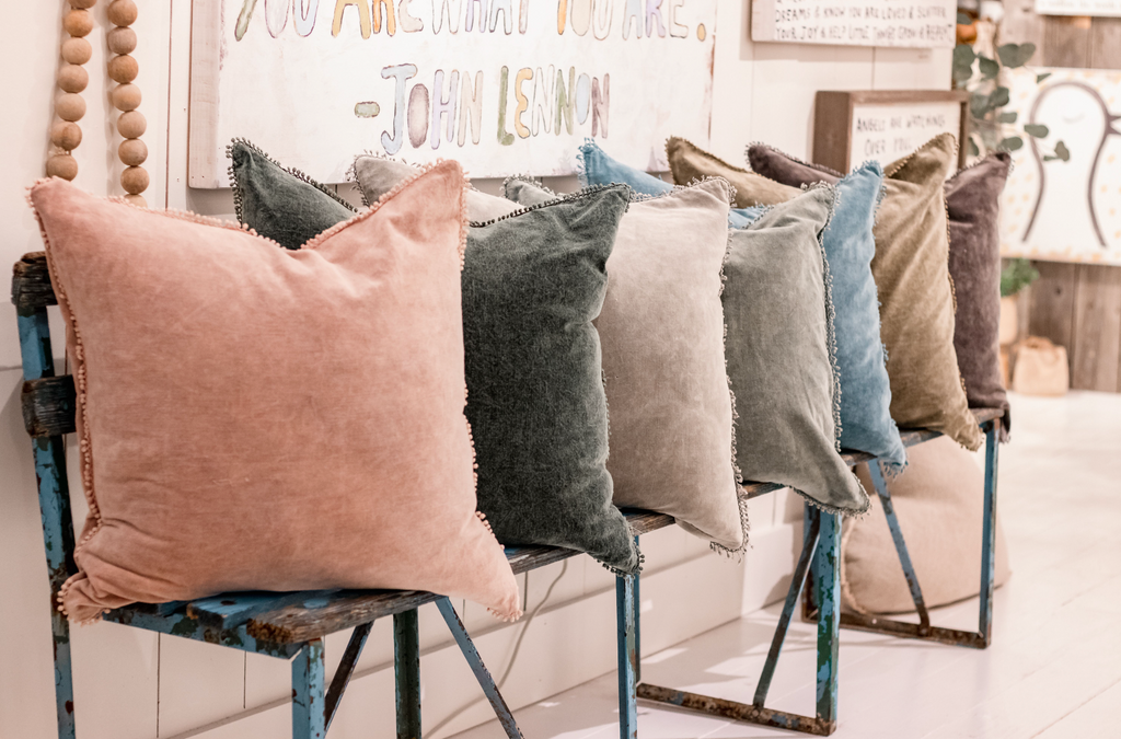 ***Elephant Velvet Pillow With Poms - 22" x 22"
