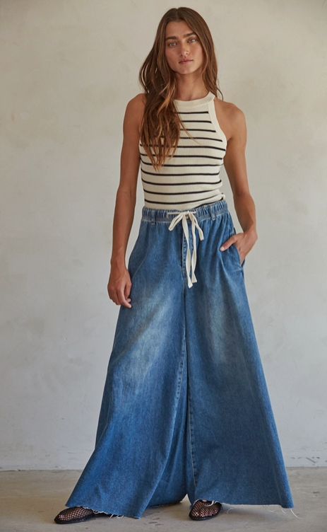 Denim Drawstring Waist Band Wide Leg Pants