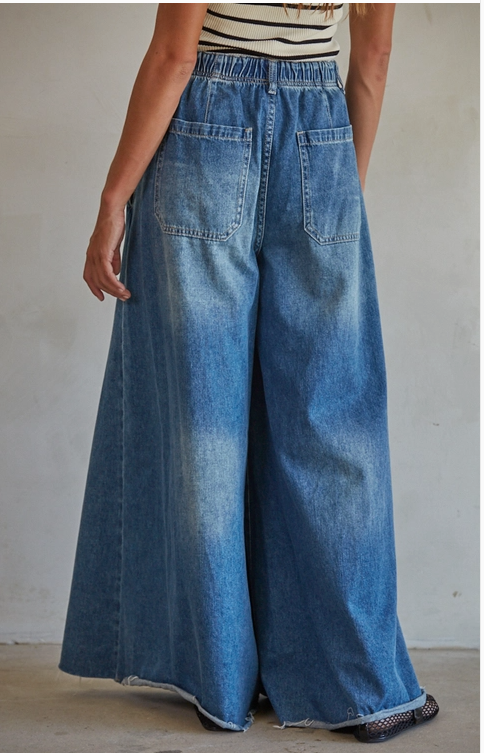 Denim Drawstring Waist Band Wide Leg Pants