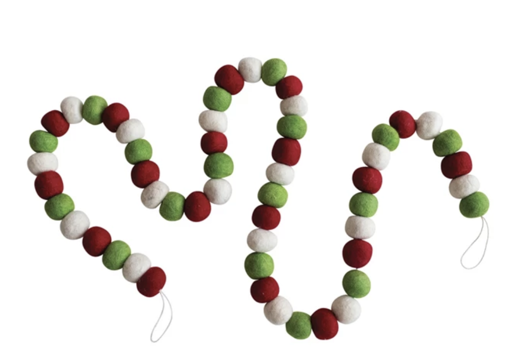 Handmade Wool Felt Ball Garland, Red, Green, Cream