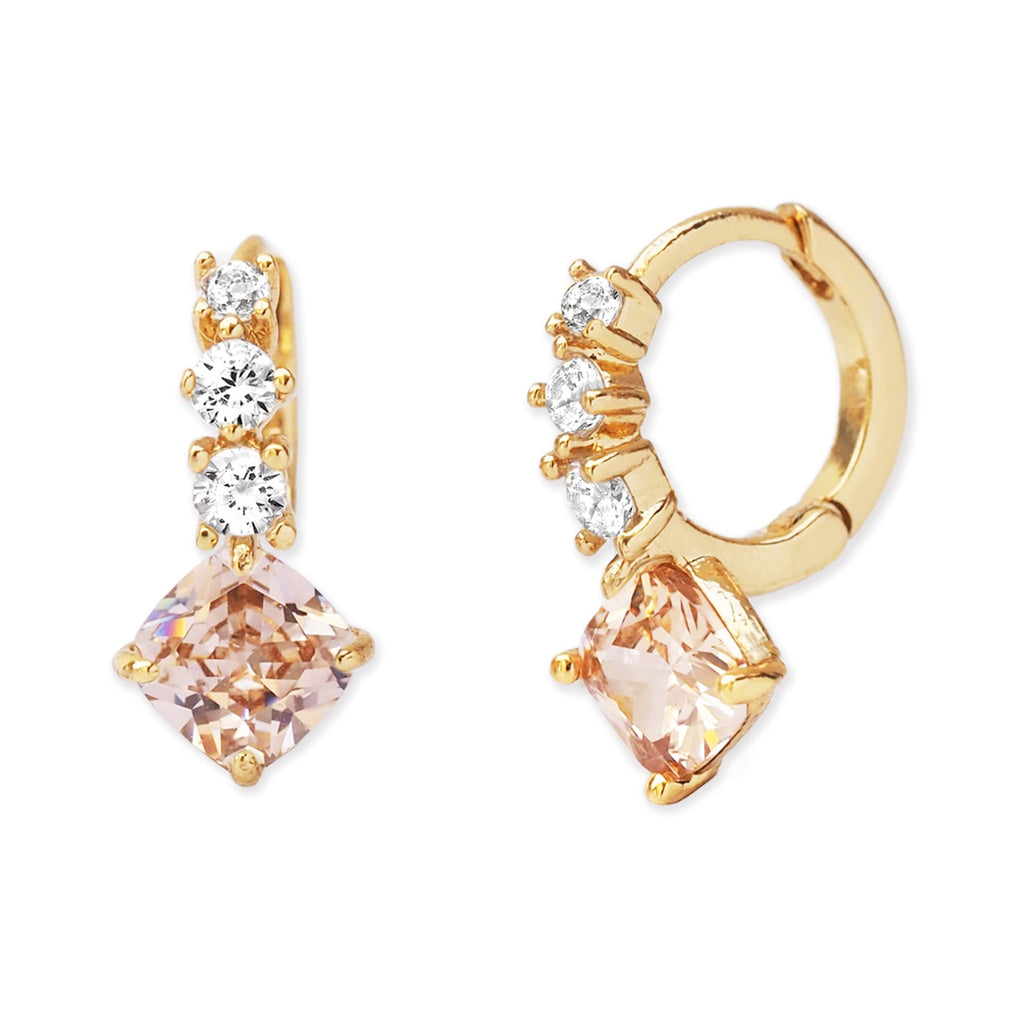 Small Huggies with Clear CZ and Peach Glass Drop