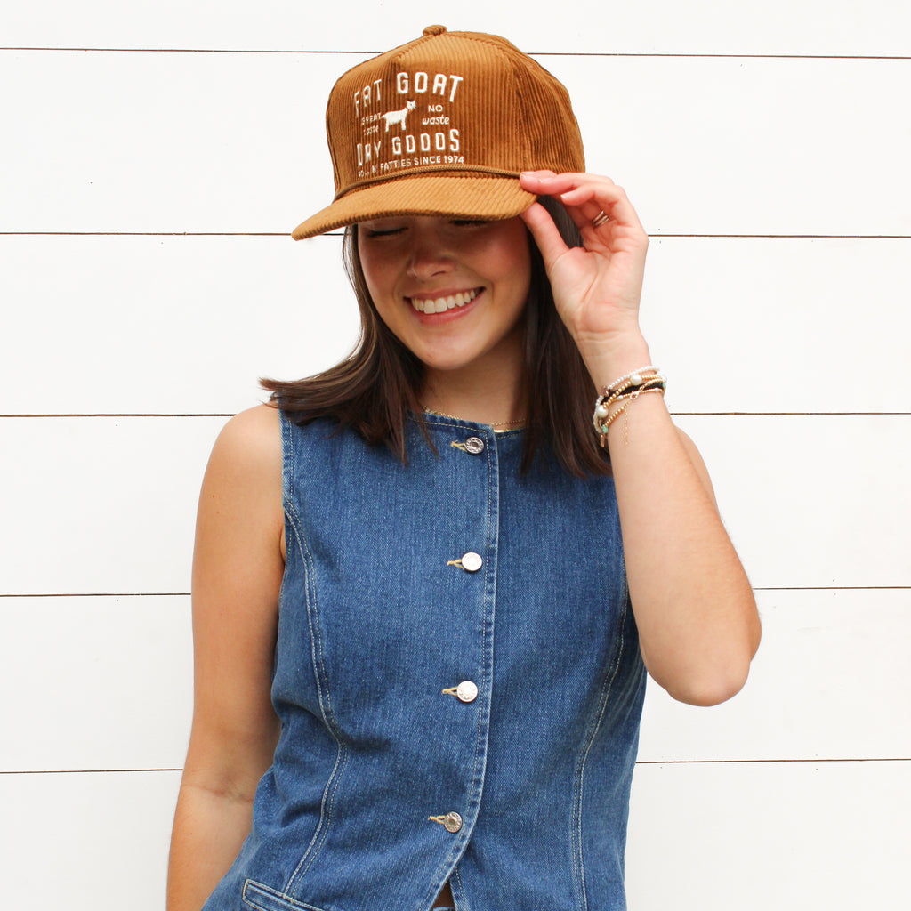 "Fat Goat" Corduroy Trucker Hat- Brown