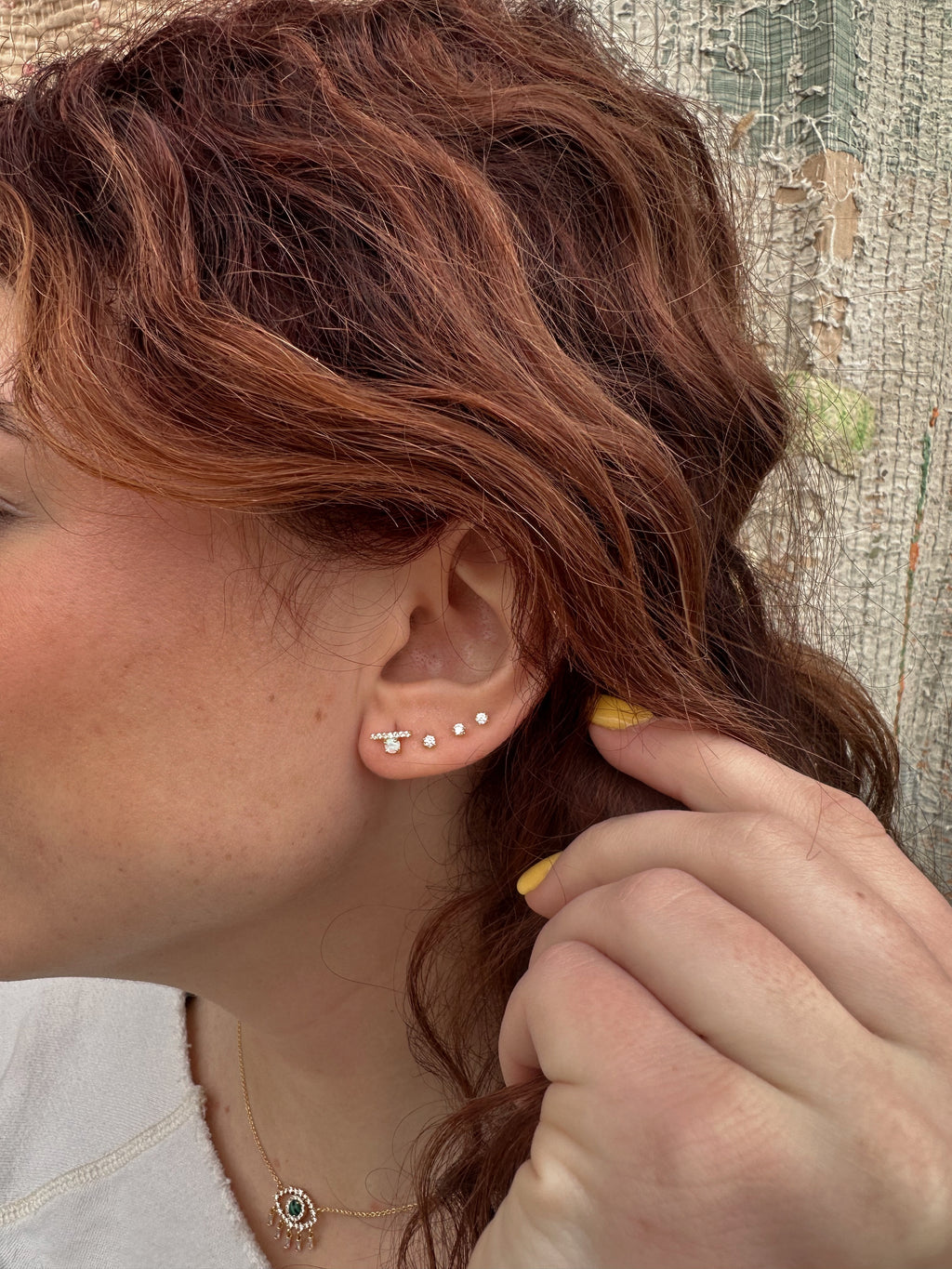 Gold Earring with CZ Bar and Mini White Opal