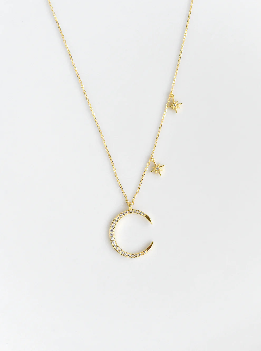 Crescent Moon Necklace w/ 2 Dangling Stars