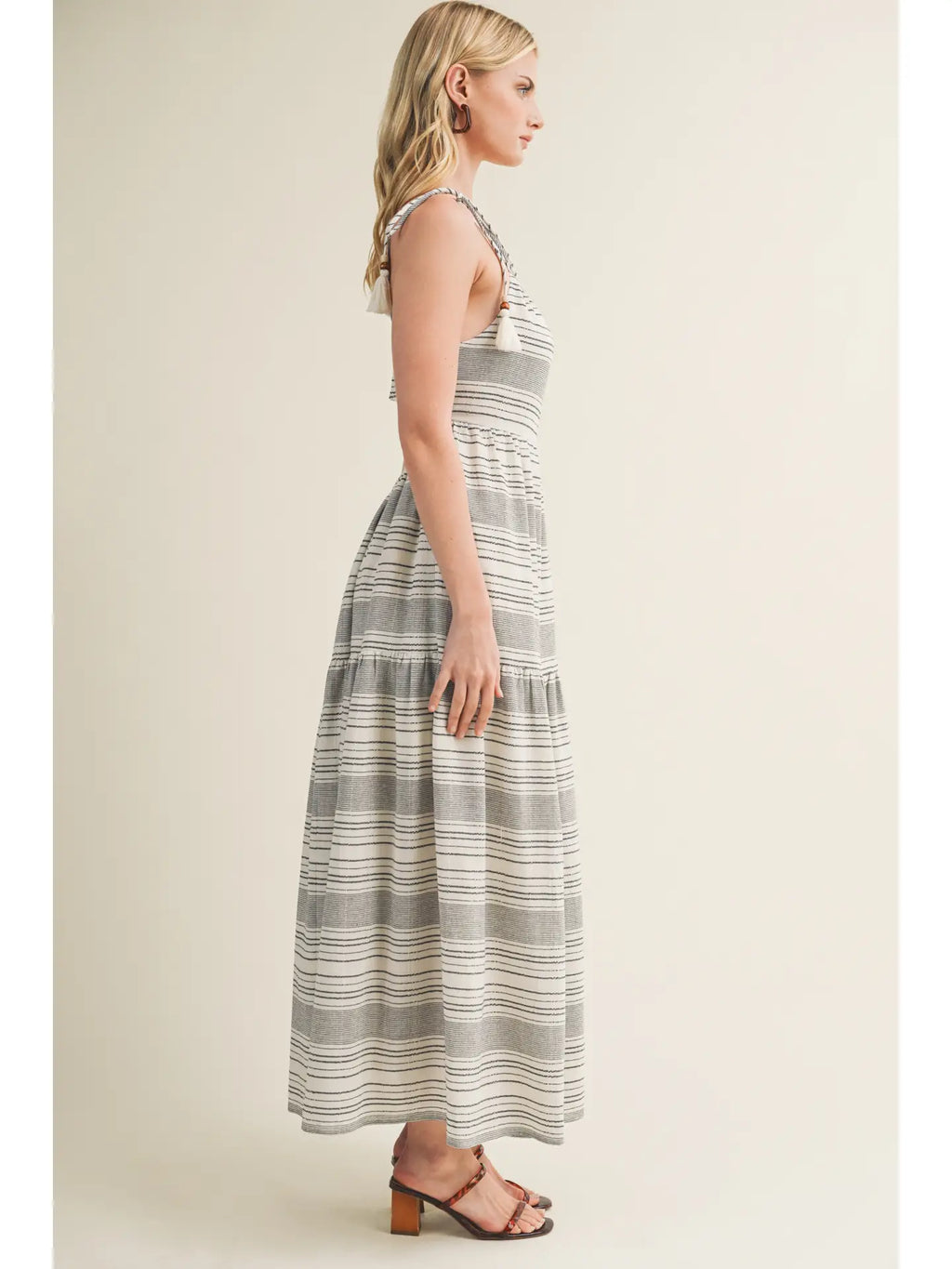 Striped Dress with Tassel and Bead Detail - Black