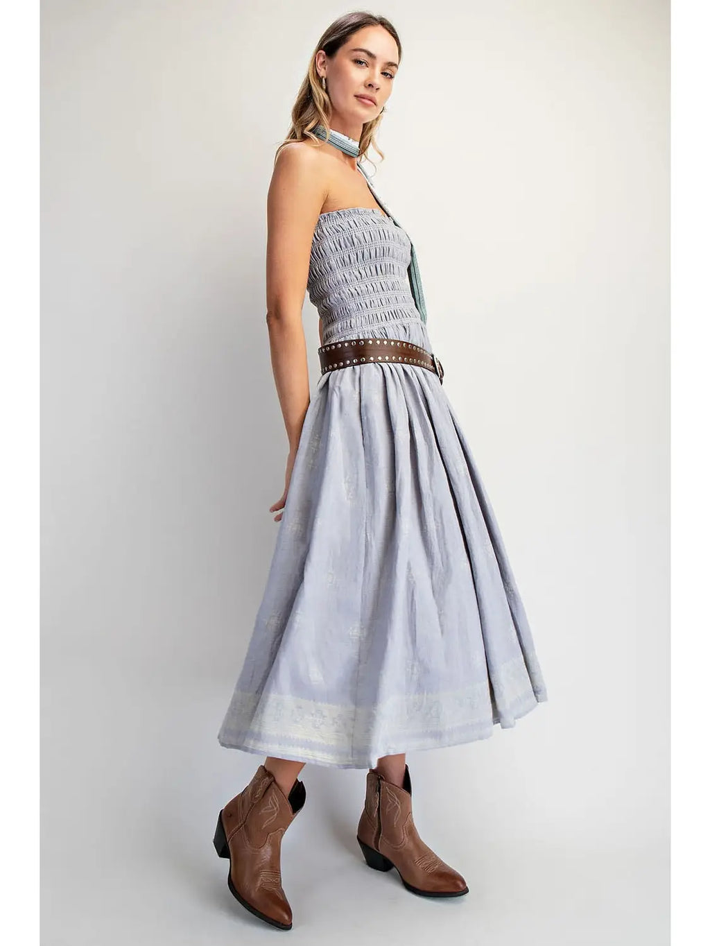 Blue Strapless Smocked Midi Dress