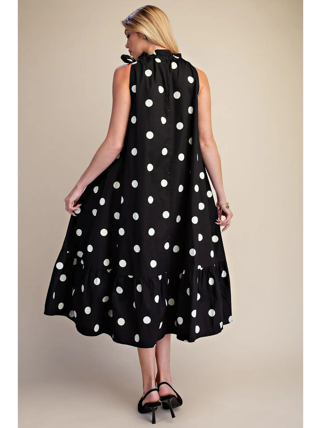 Polka Dot Midi Dress Sleeveless with Ruffle Neck Tie