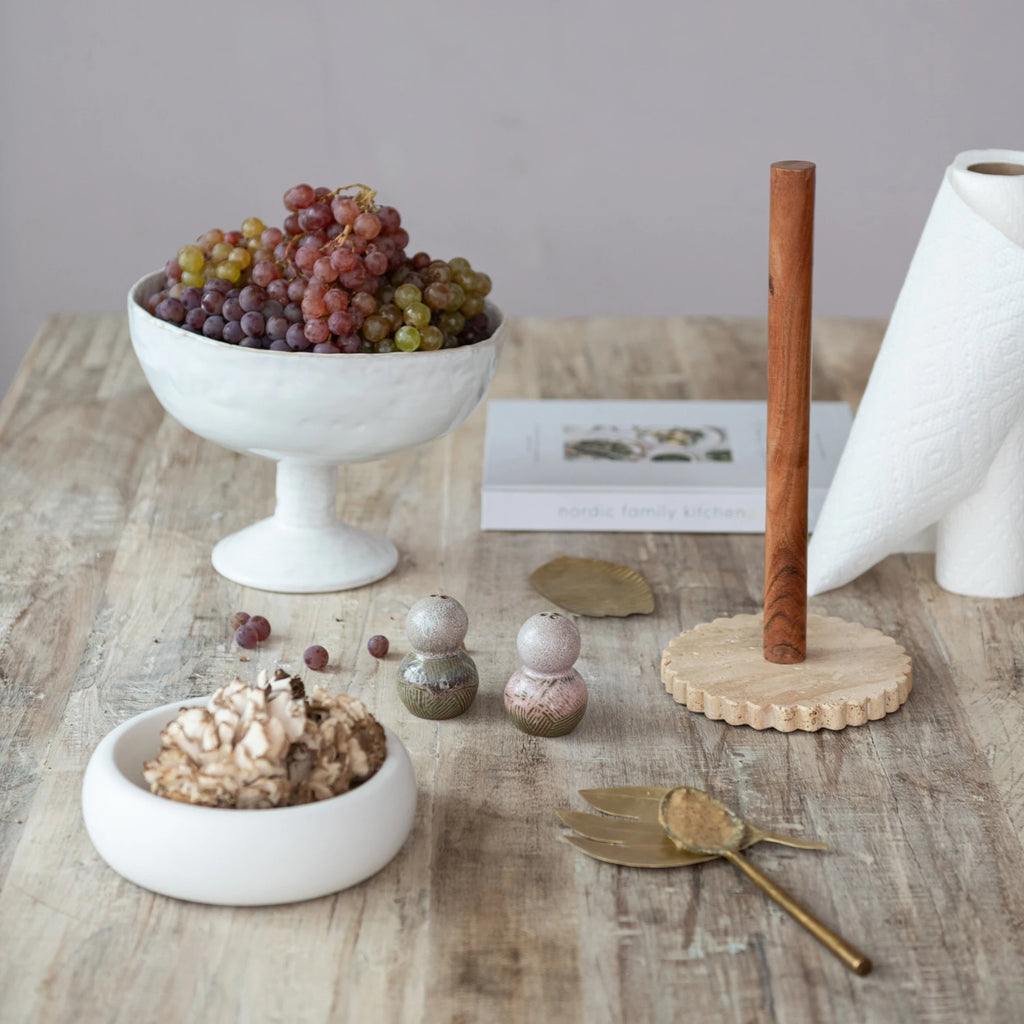 Acacia Wood Paper Towel Holder with Scalloped Travertine Base
