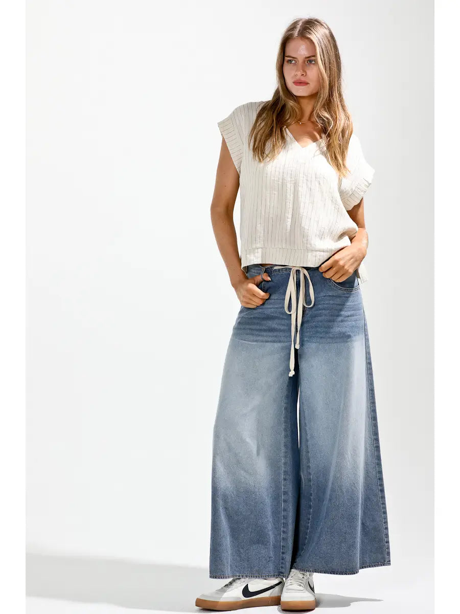 Waist Strap Included Ombre Dyed Wide Denim Pants