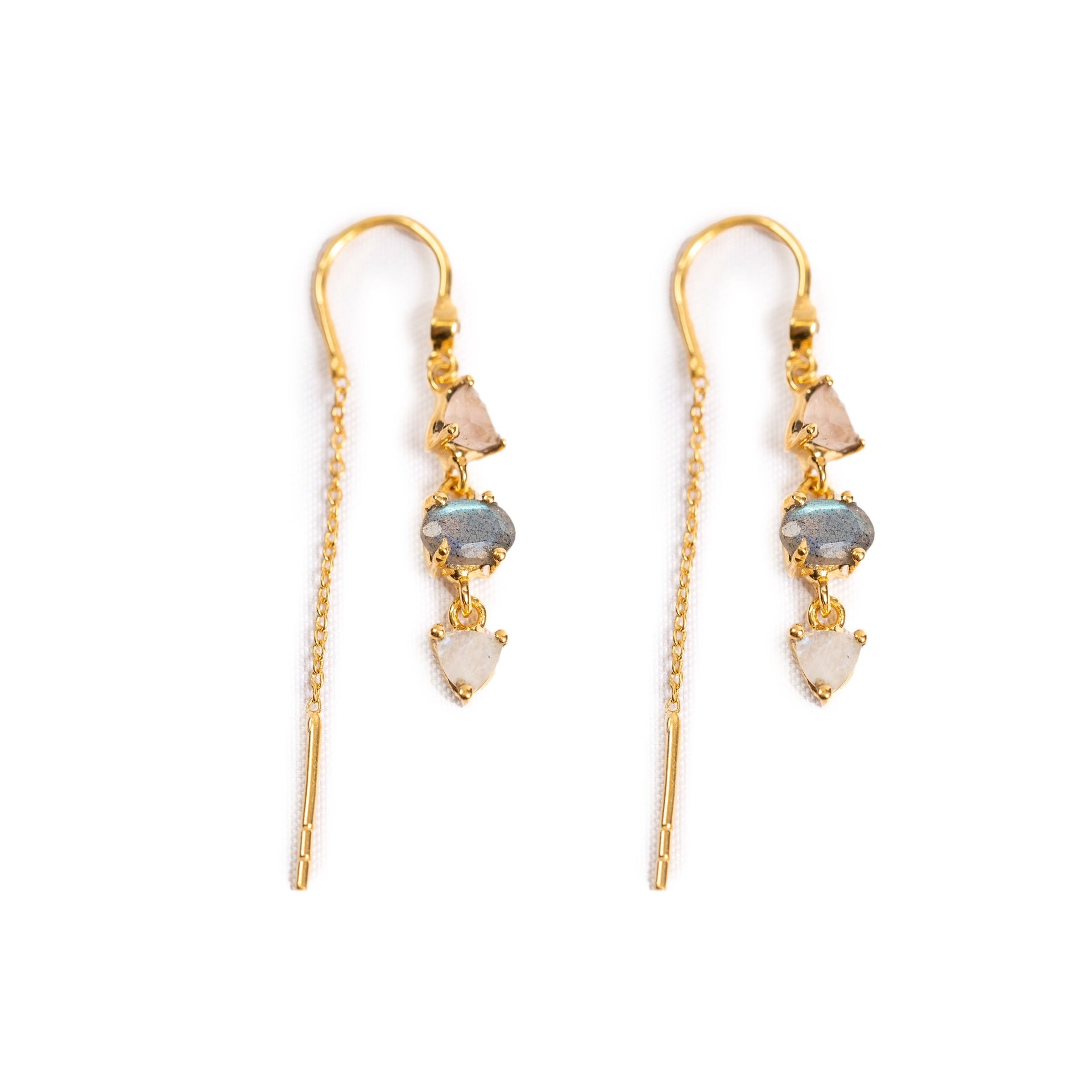 Rose Quartz, Labradorite & Rainbow Moonstone Gold Plated Drop Earrings with Chain