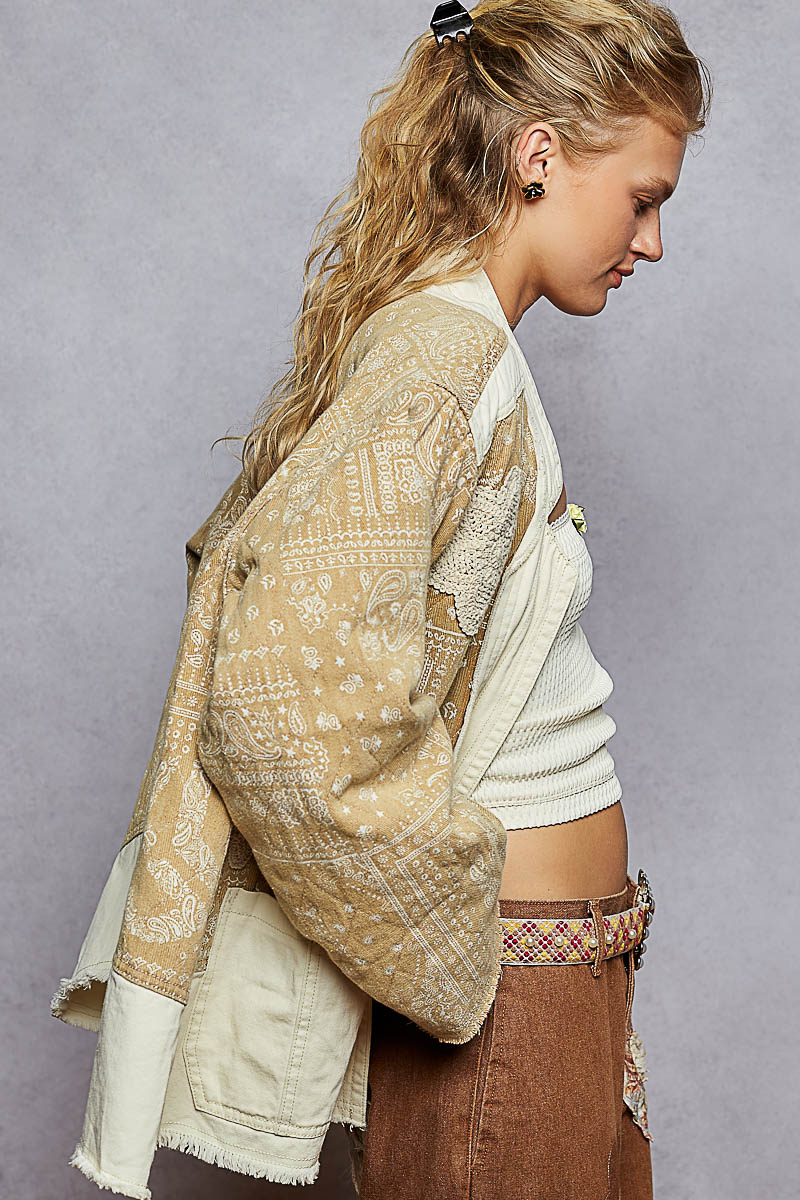 Paisley Patch Detail Quilted Woven Twill Jacket, Natural