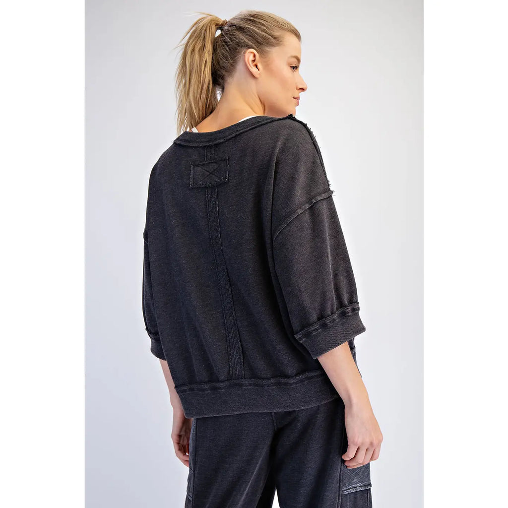 Mineral Washed French Terry Short Sleeve Top - Black
