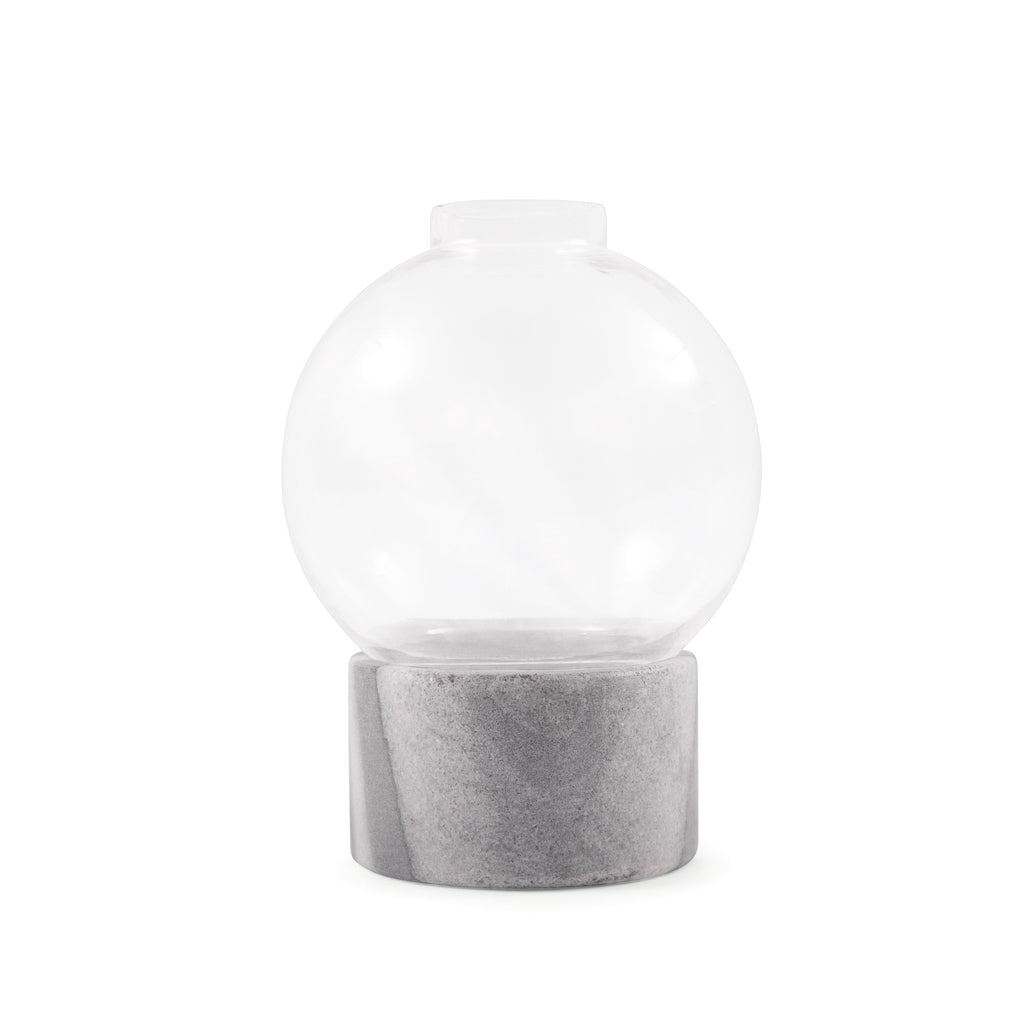 ***Medium Round Glass Dome Vase on Charcoal Marble Base - 5.75" x 5.75" x 8.5"