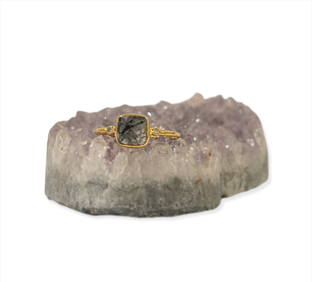 ***Gold Plated Square Rutilated Quartz Ring - Size