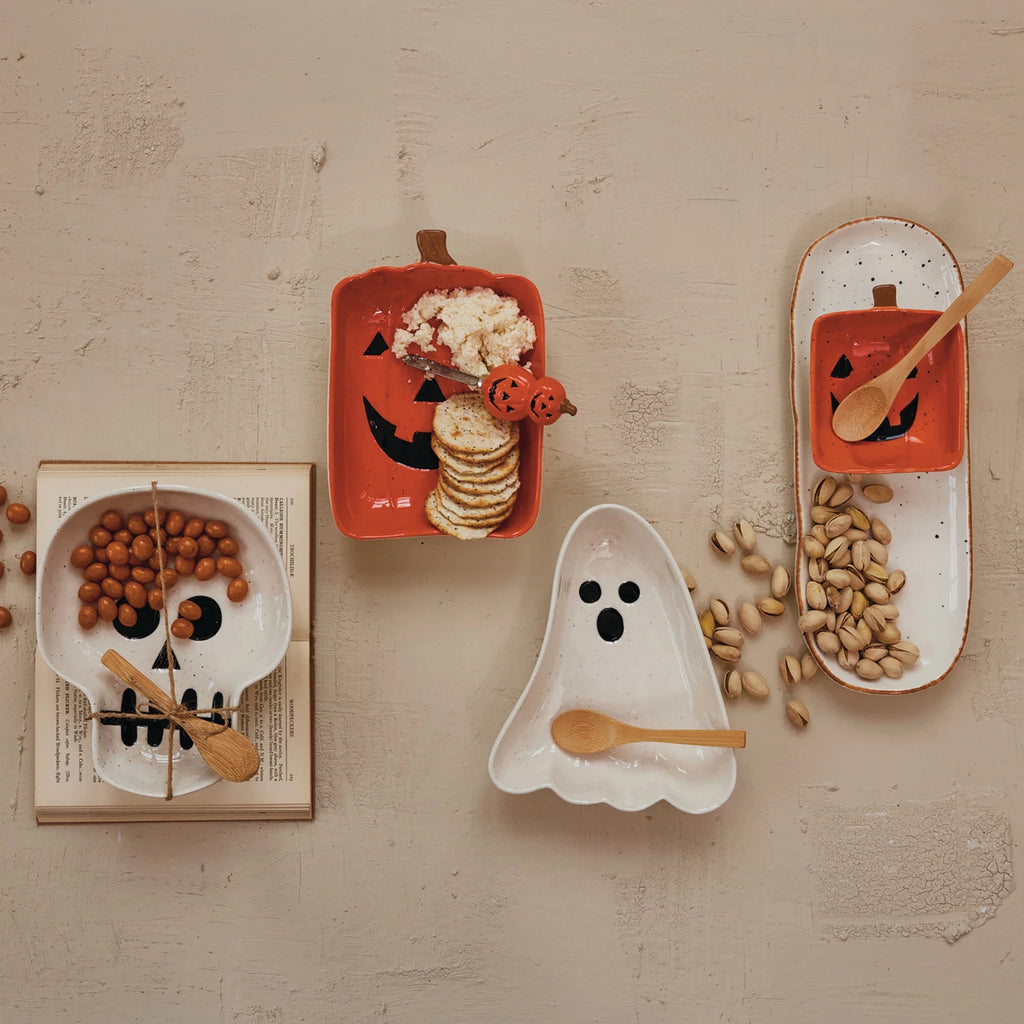 Stoneware Ghost Shaped Dish w Spoon, S/2