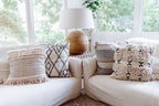 ***Cream Woven Pillow with Fringe and Black/Brown Stitching - 24"x24"