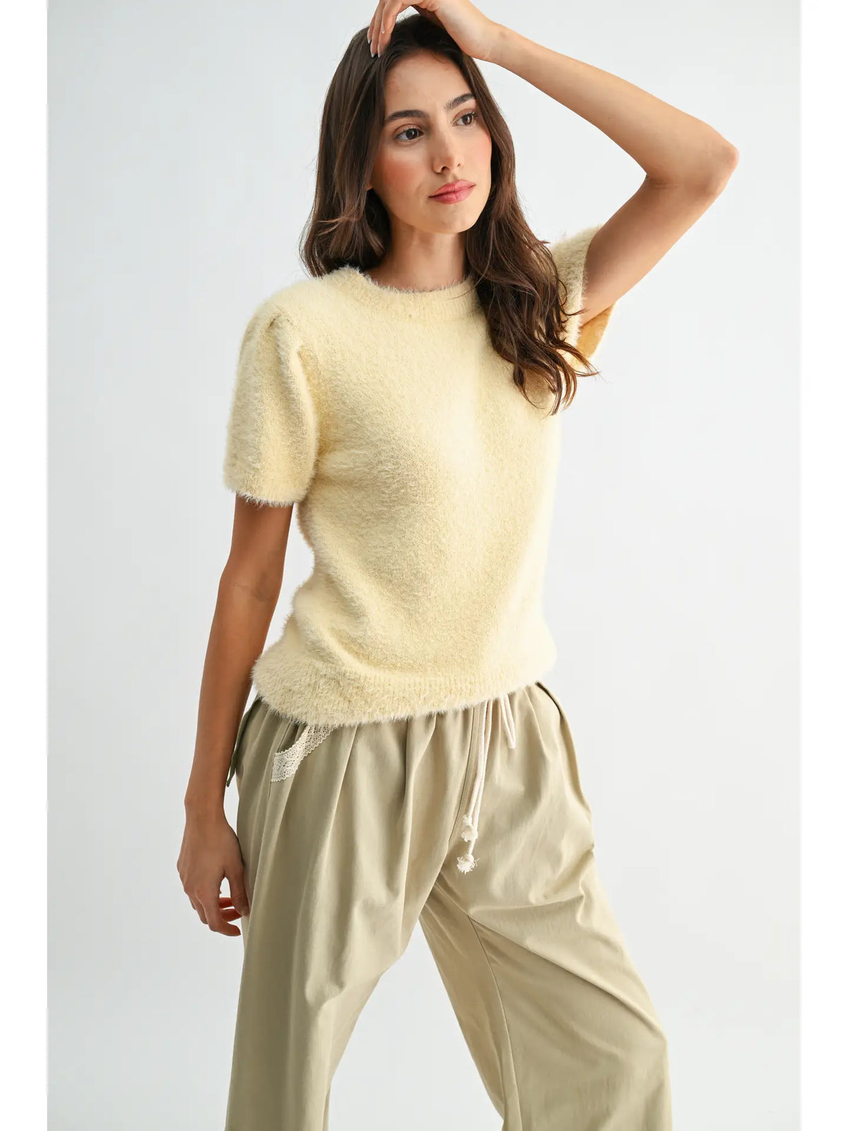 Soft Fuzzy Knit Short Sleeve Sweater Top - Yellow