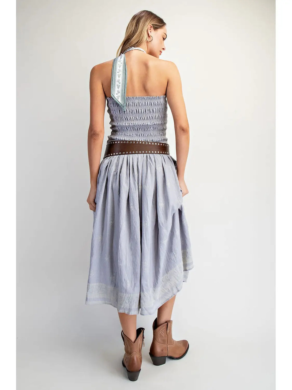 Blue Strapless Smocked Midi Dress