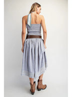 Blue Strapless Smocked Midi Dress