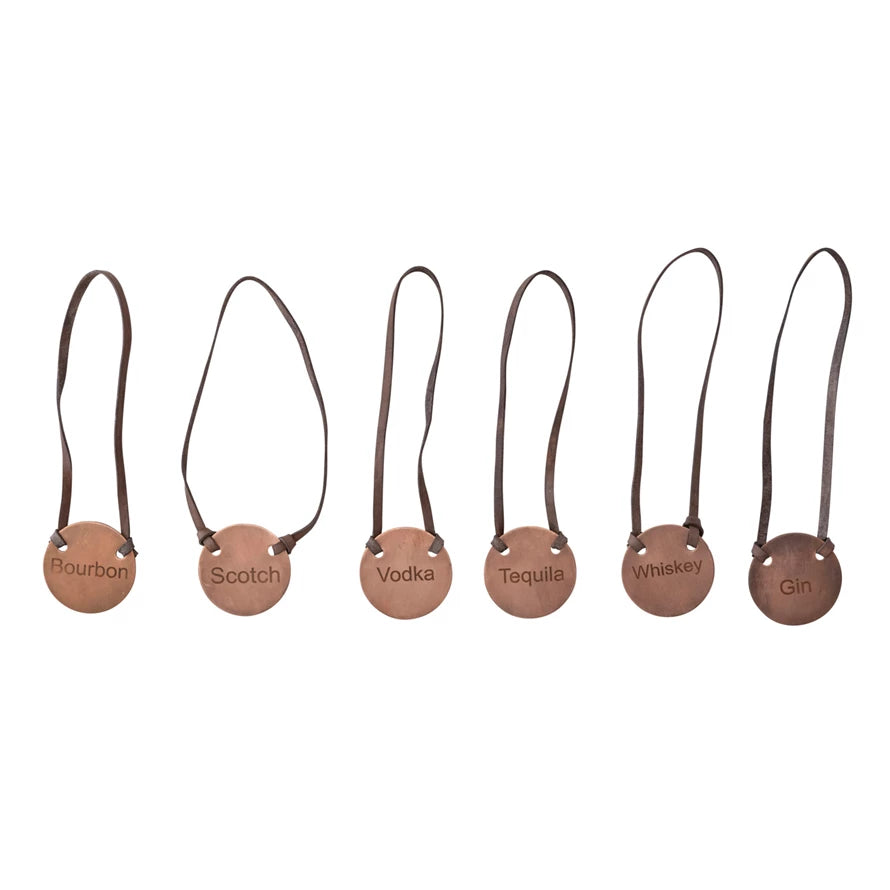 Metal Bottle Tag w/ Leather Tie,  Copper, Set of 6