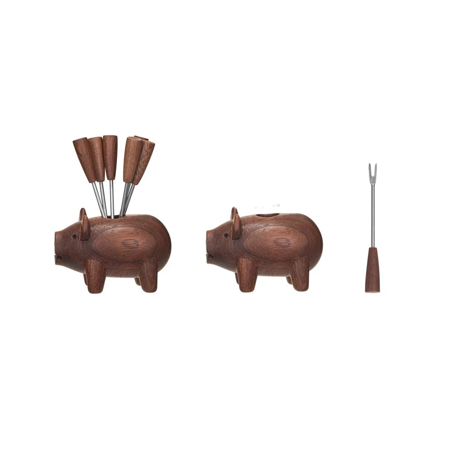 Wood Pig Holder w/ 6 Appetizer Forks, Set