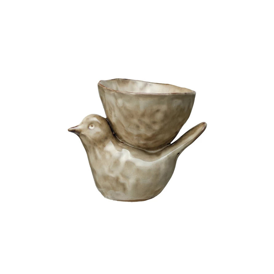 Stoneware Bird with Bowl - Cream