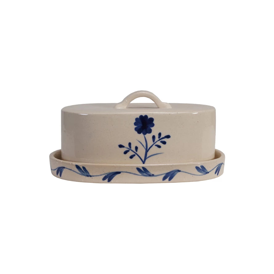 Hand-Painted Stoneware Butter Dish w Flower