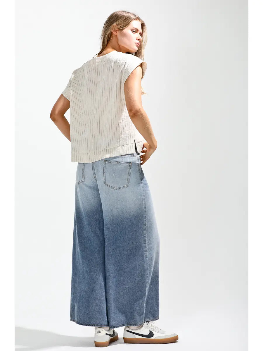 Waist Strap Included Ombre Dyed Wide Denim Pants