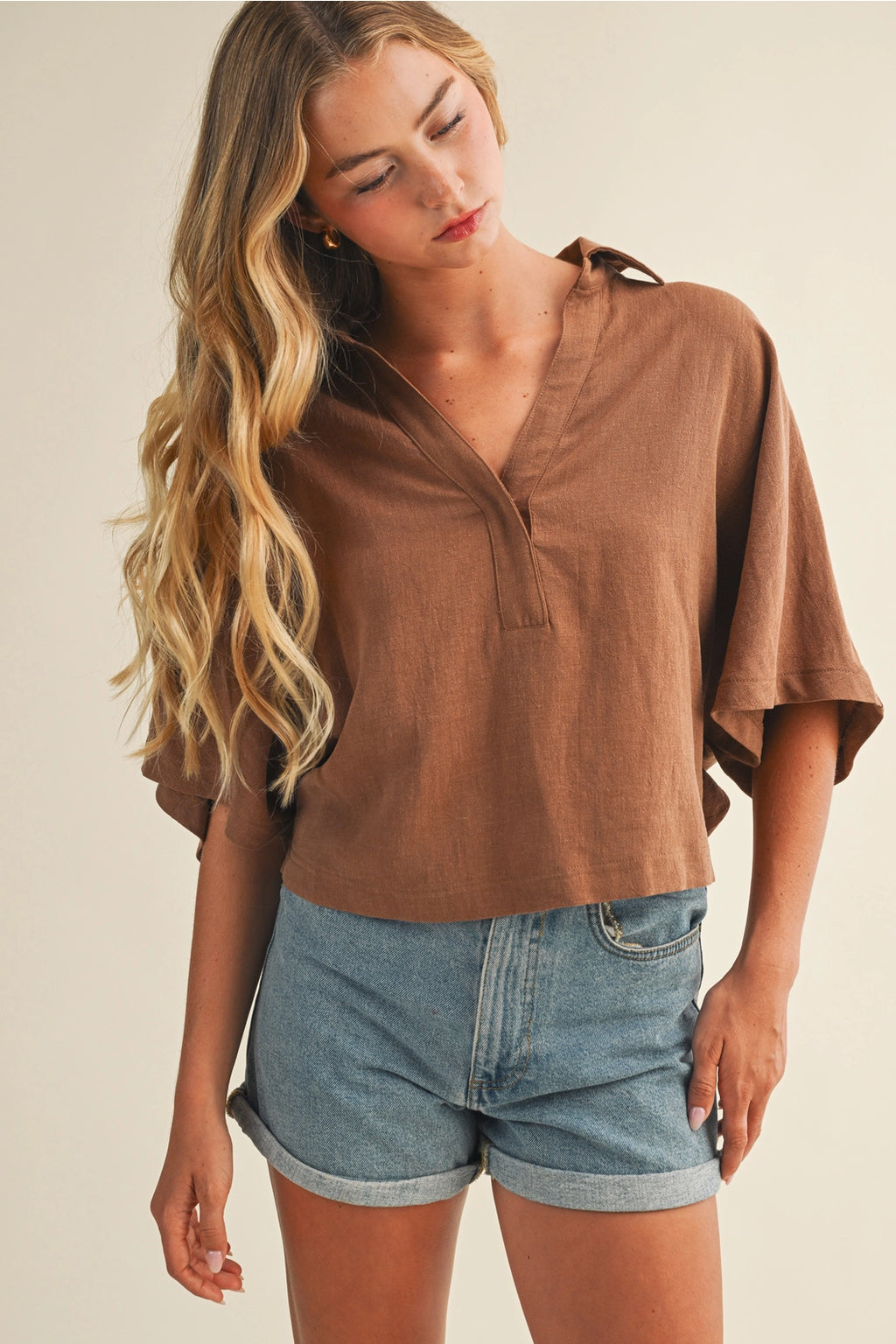 Oversized Popover Open Collar Top