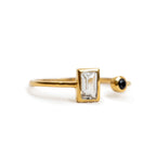Gold Plated Brass Rectangle White Topaz and Black Spinel Dual Ring Adjustable