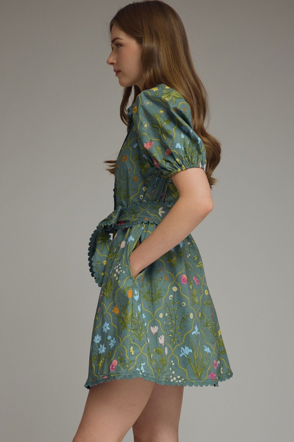 Floral Print Puff Sleeve Mini Dress w Scallop Trim
